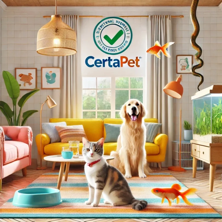 A bright and cheerful pet-friendly home interior representing Certapet. Show a variety of Emotional Support Animals (ESAs) including a happy dog